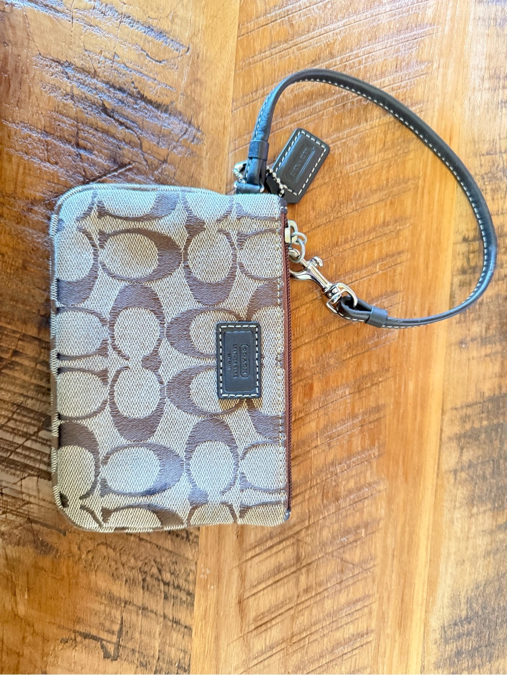 Coach Brown Signature Canvas Wristlet with Dark Leather Strap